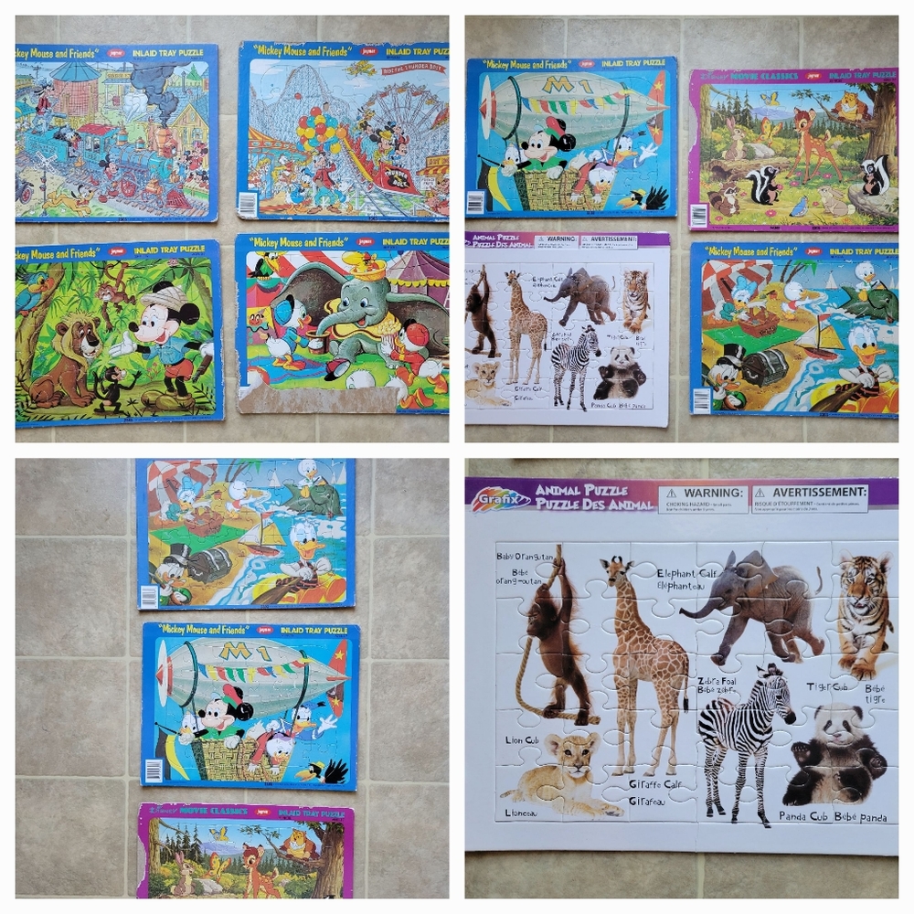 8-Vintage Puzzles 7 Disney Jaymar 30 PCS Puzzles and a Grafix Zoo Animal Puzzle